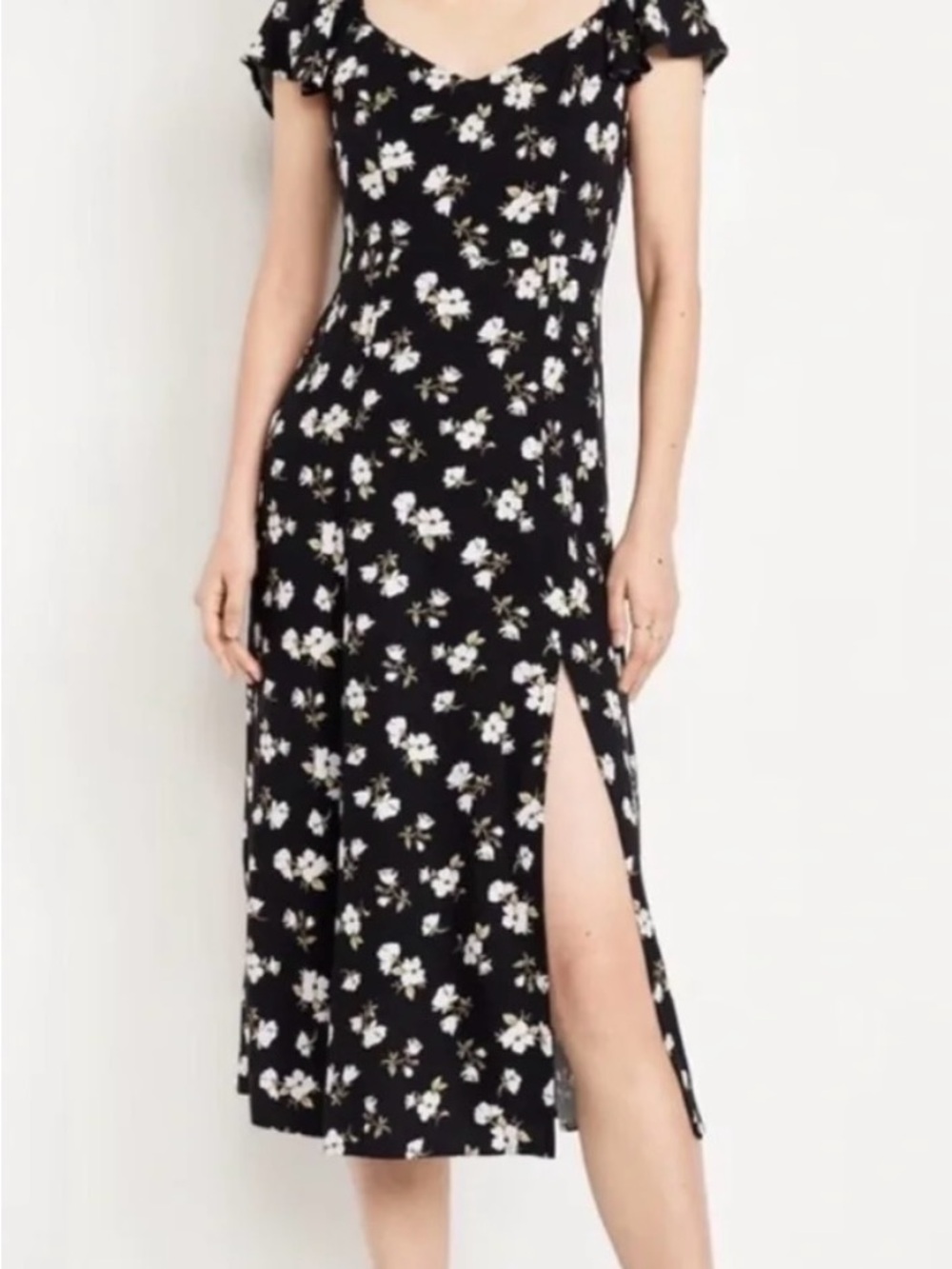 Old Navy Black Floral Midi Dress with White Flower Print and Thigh Slit
